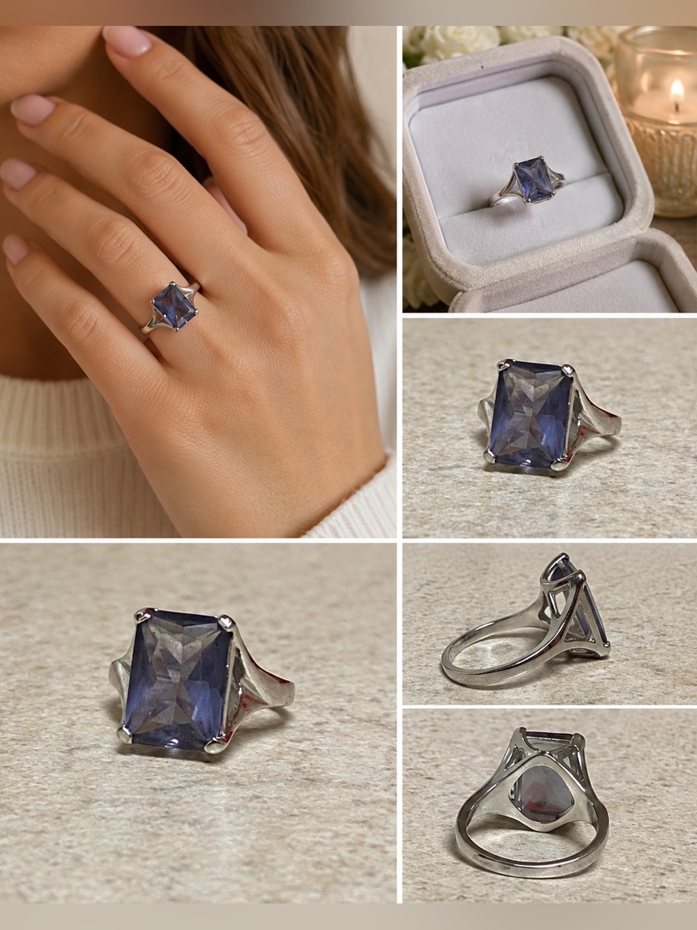 Light Purple Emerald Cut Solitaire Ring | Silver Tone Statement Ring | Size 7.5